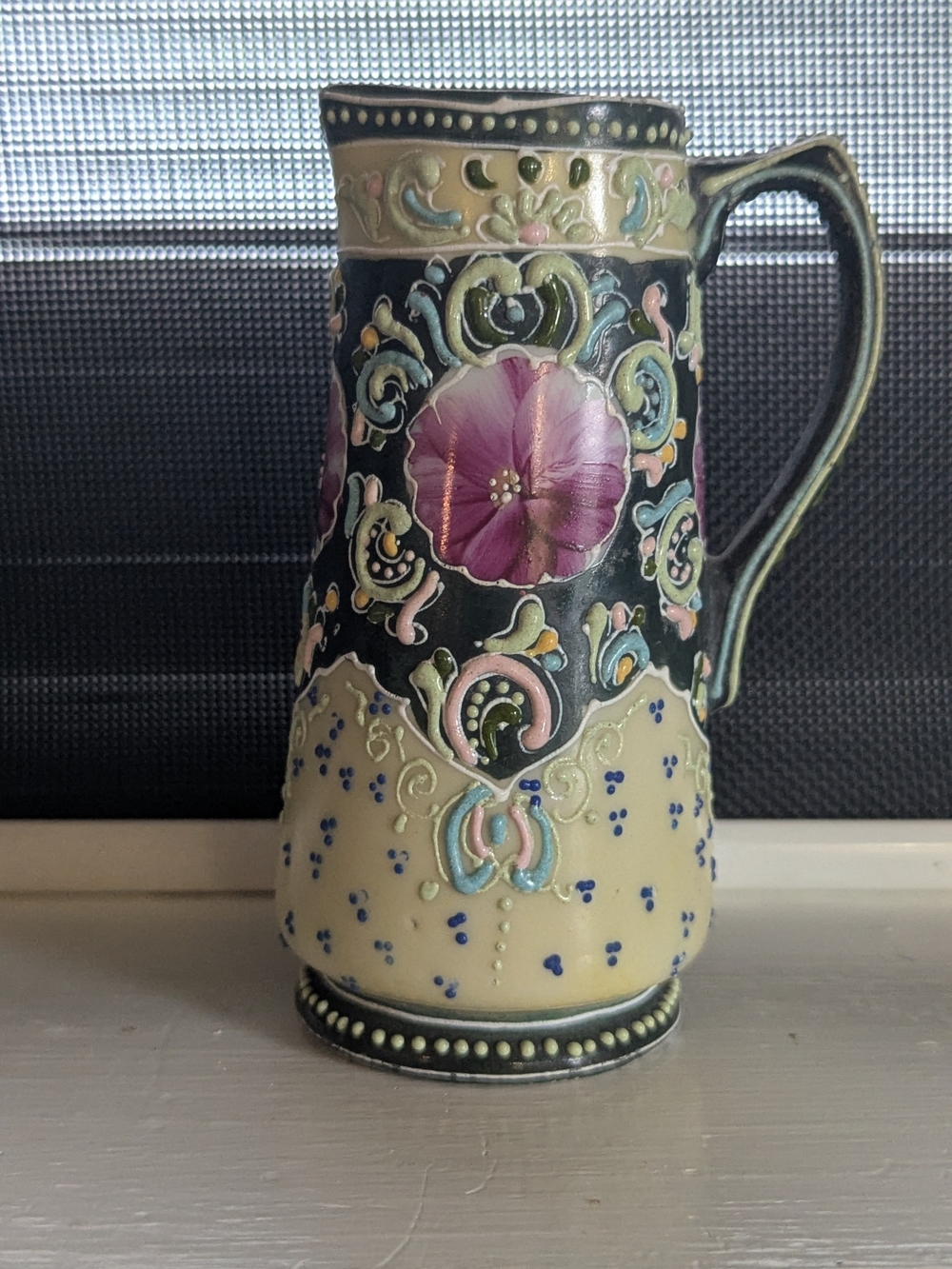 Hand-Painted Floral Ceramic Pitcher - Pink & Black